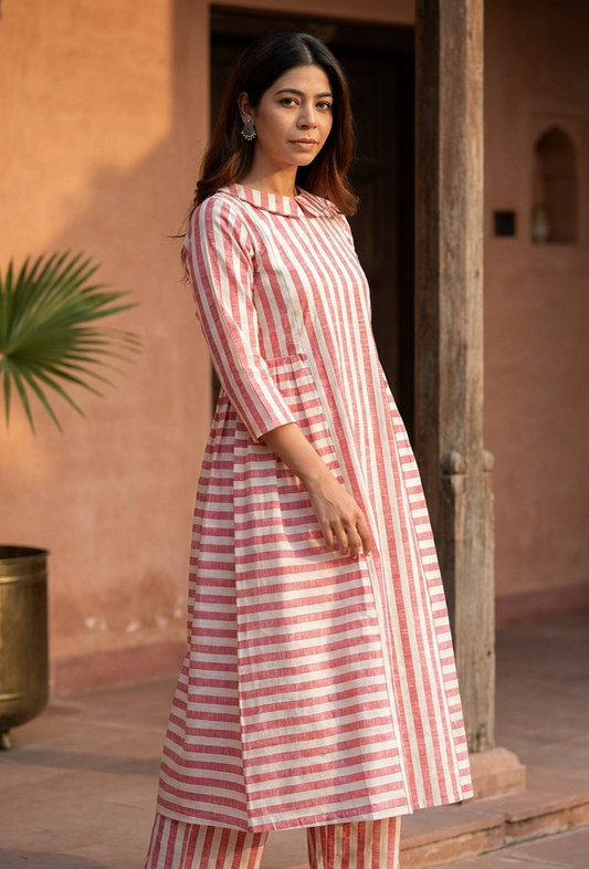 Pink & White Striped Cotton Viscose Kurta サイズ M
