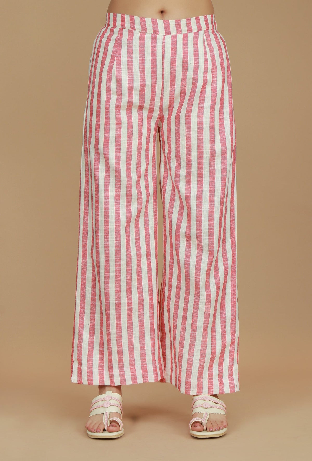 Pink & White Striped Cotton Viscose Pants サイズ XL