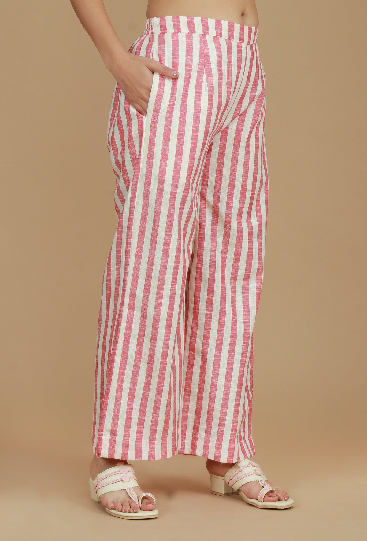 Pink & White Striped Cotton Viscose Pants サイズ XXXL