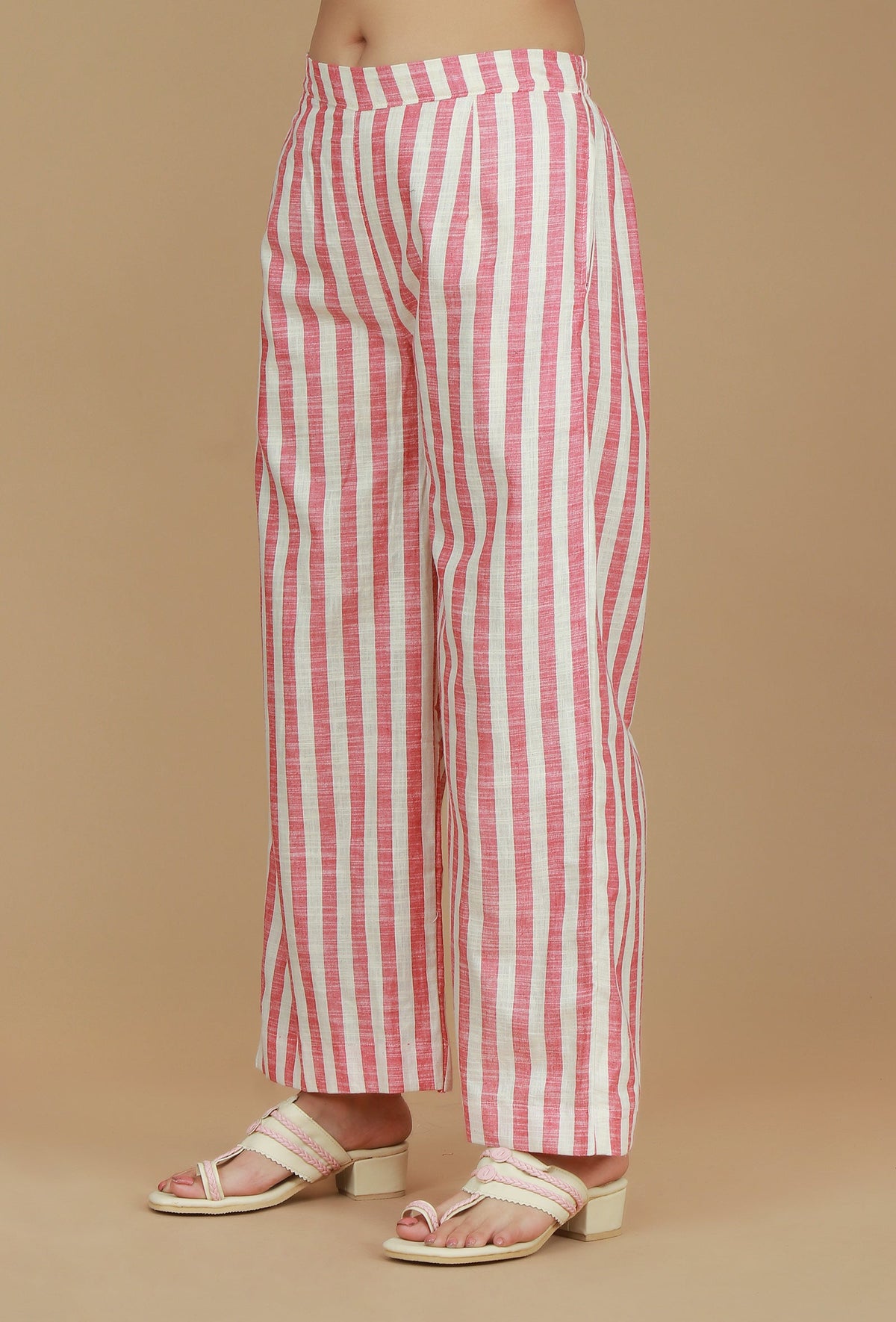 Pink & White Striped Cotton Viscose Pants サイズ XXXL