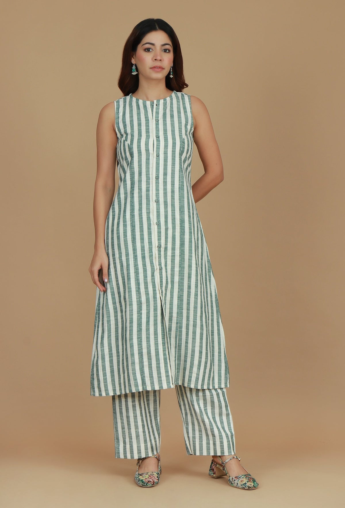 Set of 2 Green & White Striped Cotton Kurta with Matching Pants クルタ L・パンツ XXL