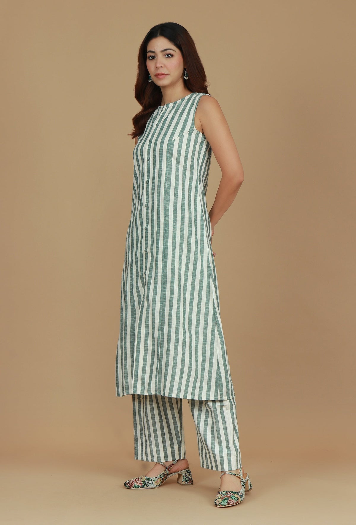 Set of 2 Green & White Striped Cotton Kurta with Matching Pants クルタ XXL・パンツ L