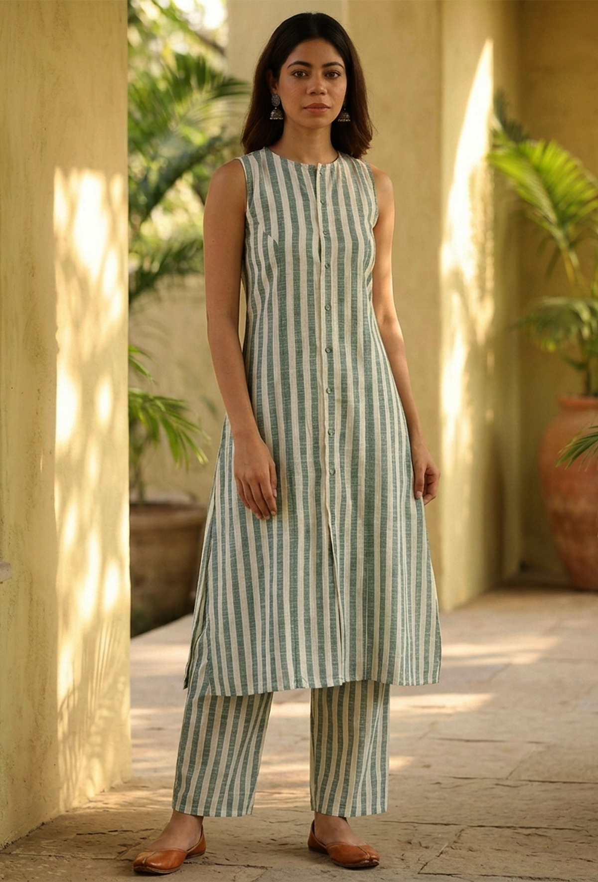 Set of 2 Green & White Striped Cotton Kurta with Matching Pants クルタ M・パンツ XL