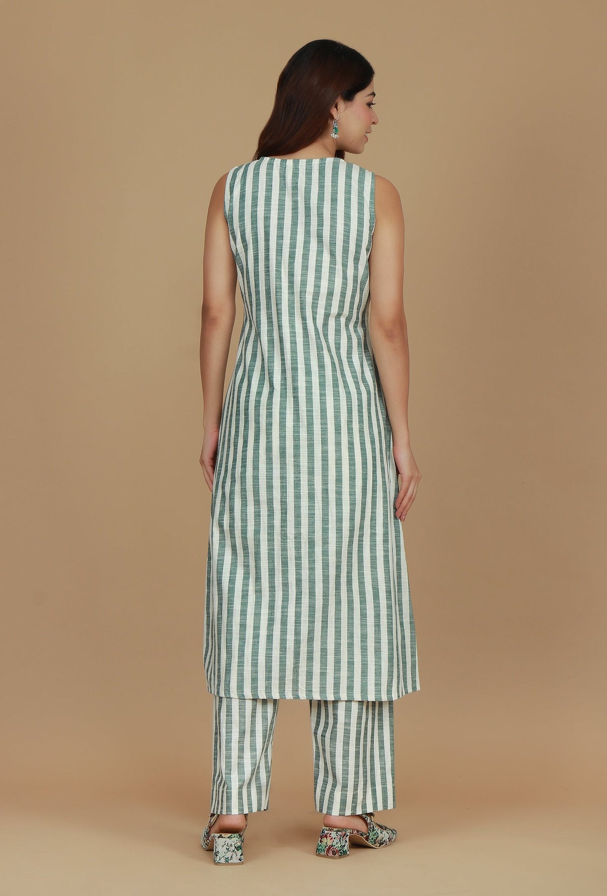 Set of 2 Green & White Striped Cotton Kurta with Matching Pants クルタ XXXL・パンツ S