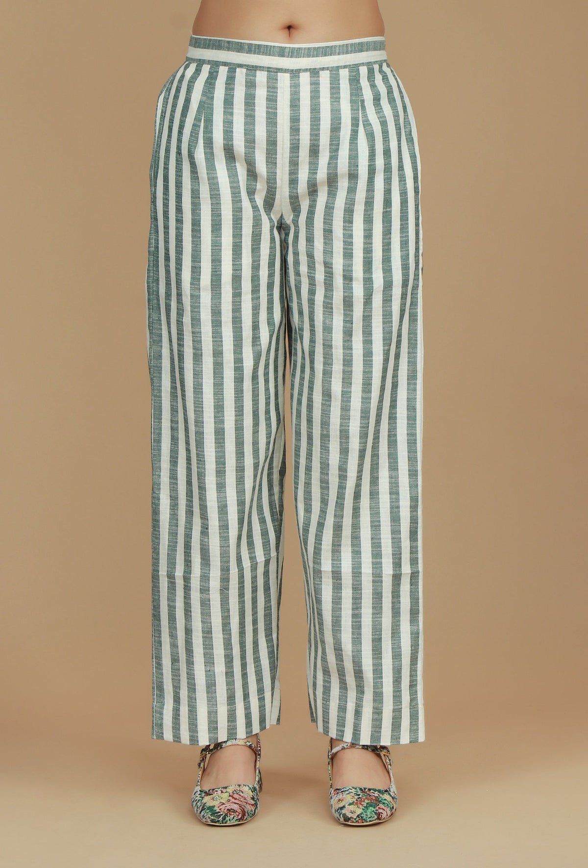 Set of 2 Green & White Striped Cotton Kurta with Matching Pants クルタ M・パンツ M