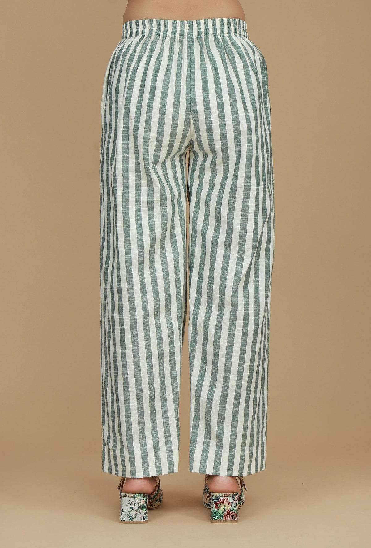 Set of 2 Green & White Striped Cotton Kurta with Matching Pants クルタ L・パンツ L
