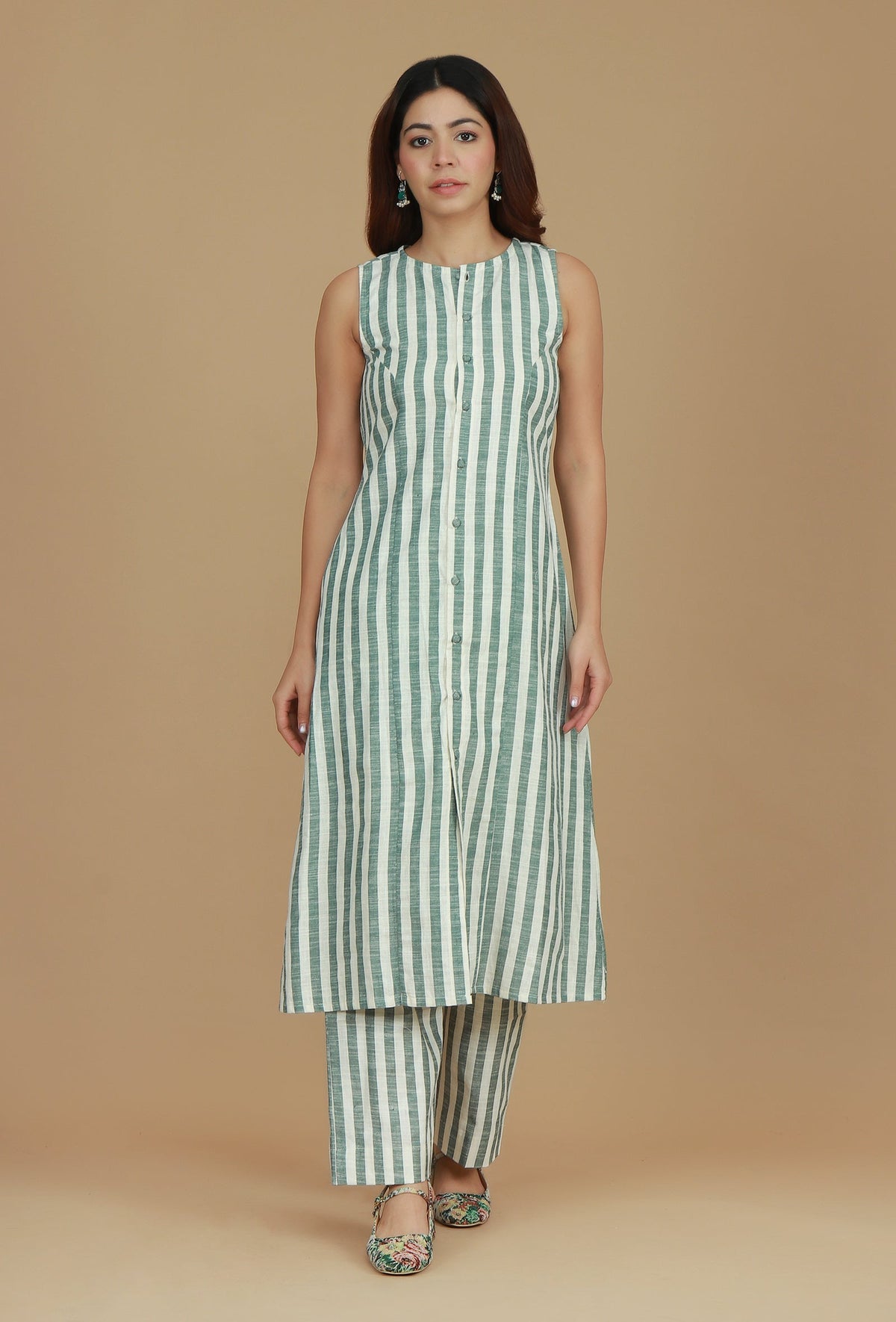 Green & White Striped Cotton Kurta サイズ XS