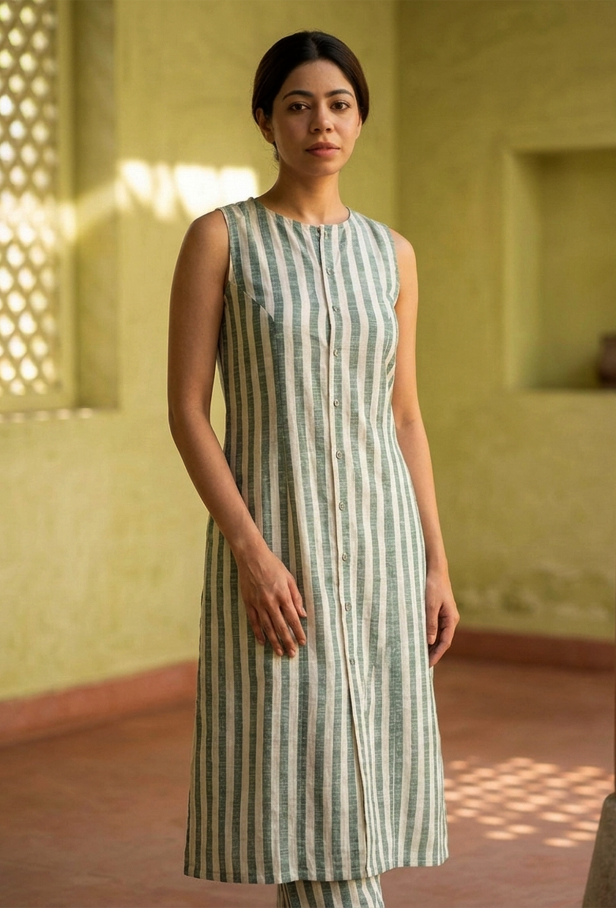 Green & White Striped Cotton Kurta サイズ XS