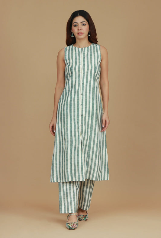 Green & White Striped Cotton Kurta サイズ M