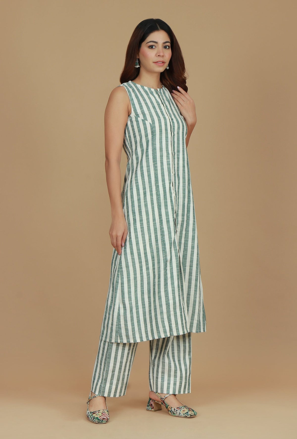 Green & White Striped Cotton Kurta サイズ XS