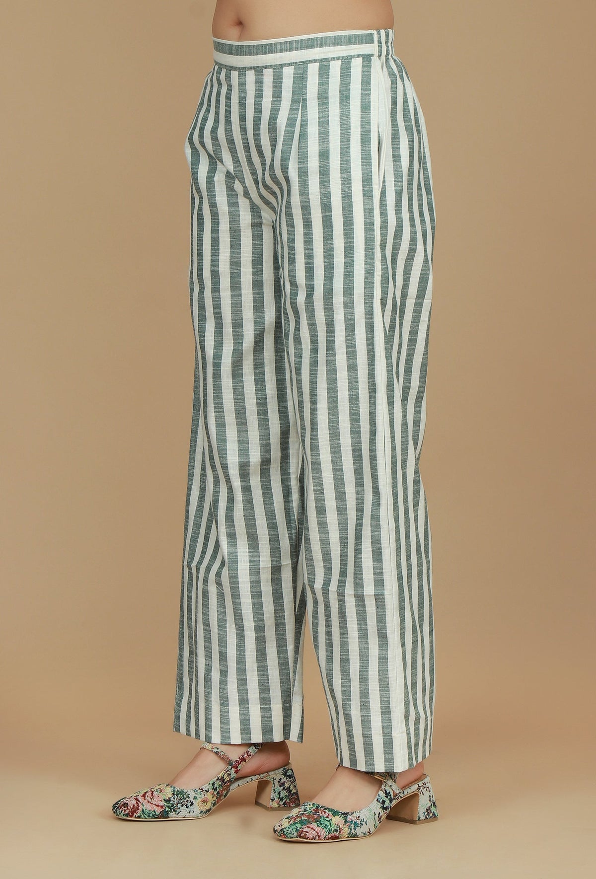 Green & White Striped Cotton Pants サイズ M