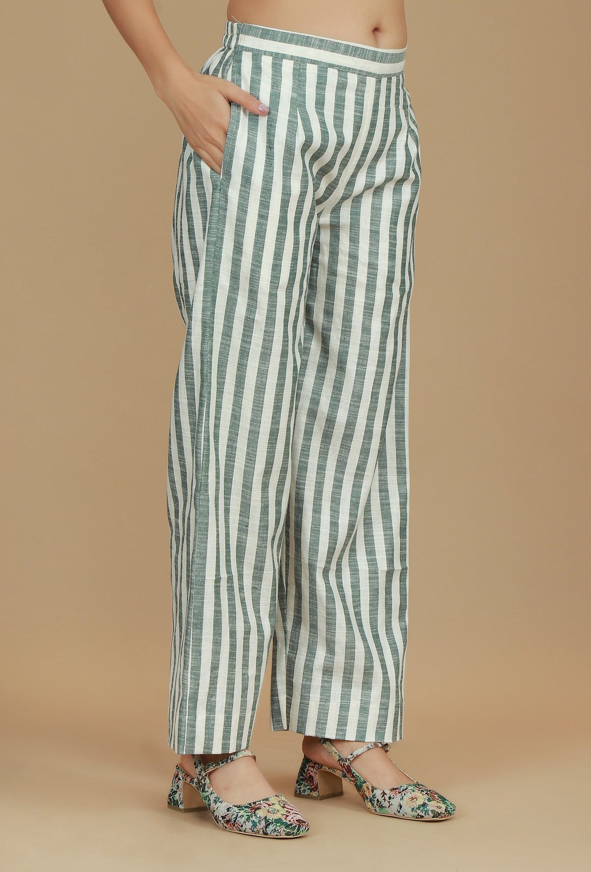 Green & White Striped Cotton Pants サイズ S