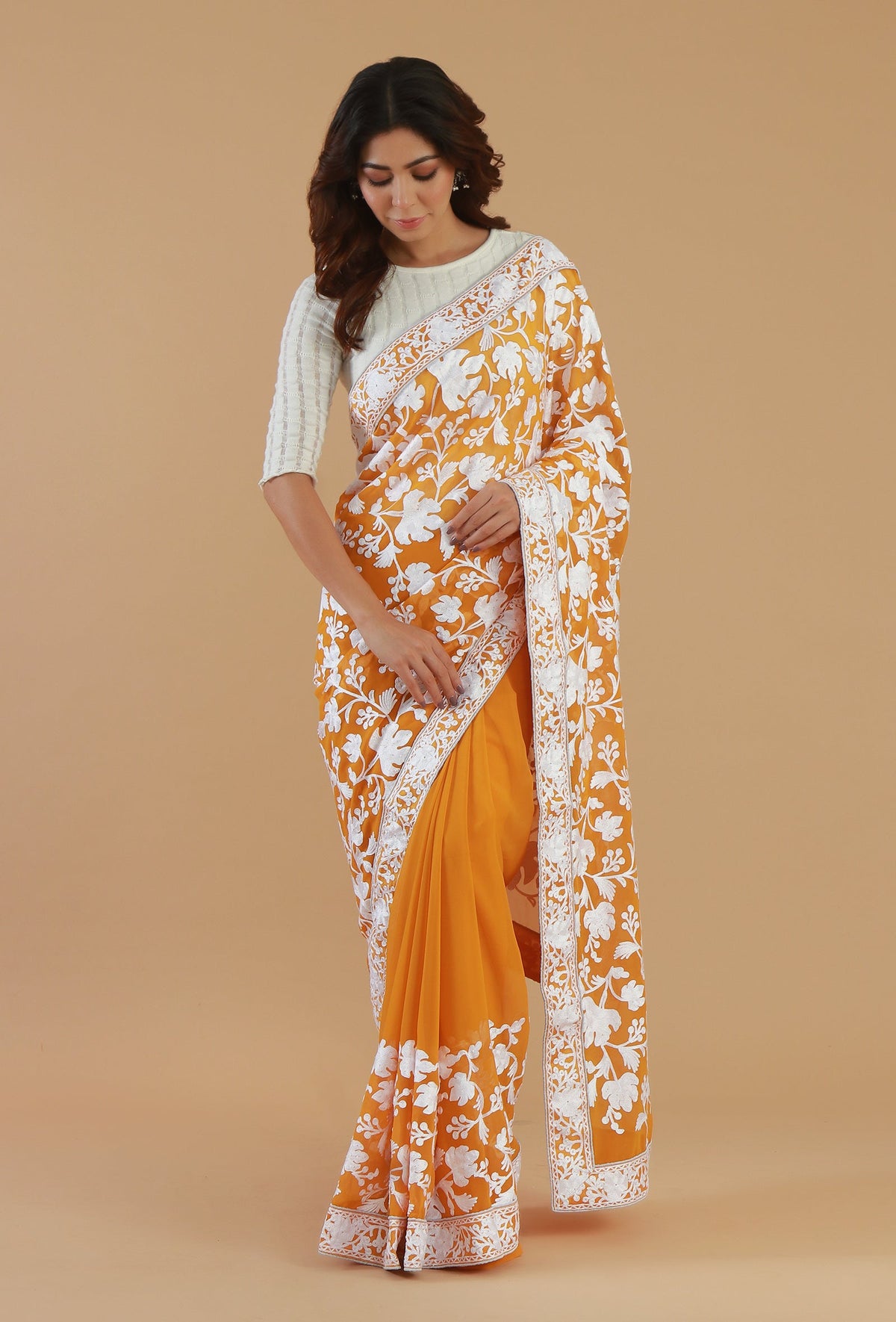 Mustard Yellow Georgette Ari Embroidered Festive Saree with Unstitched Blouse