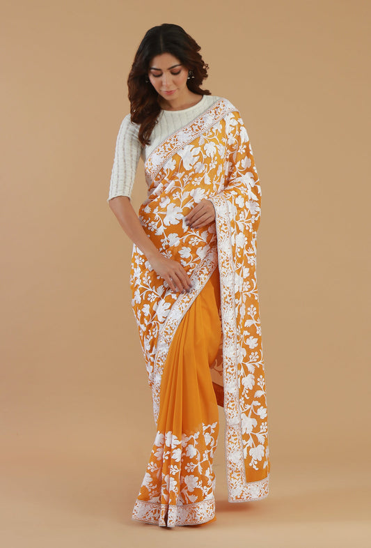 Mustard Yellow Georgette Ari Embroidered Festive Saree with Unstitched Blouse