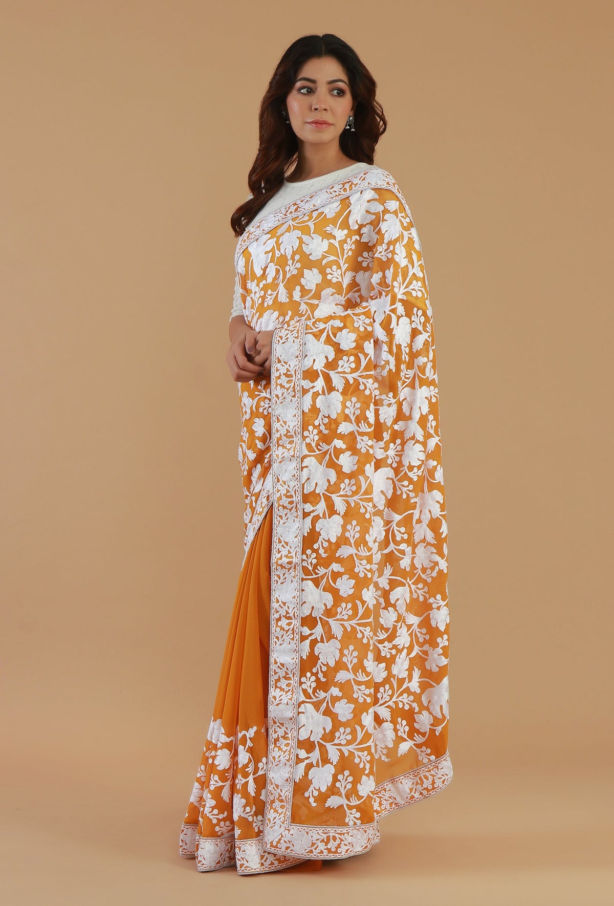 Mustard Yellow Georgette Ari Embroidered Festive Saree with Unstitched Blouse