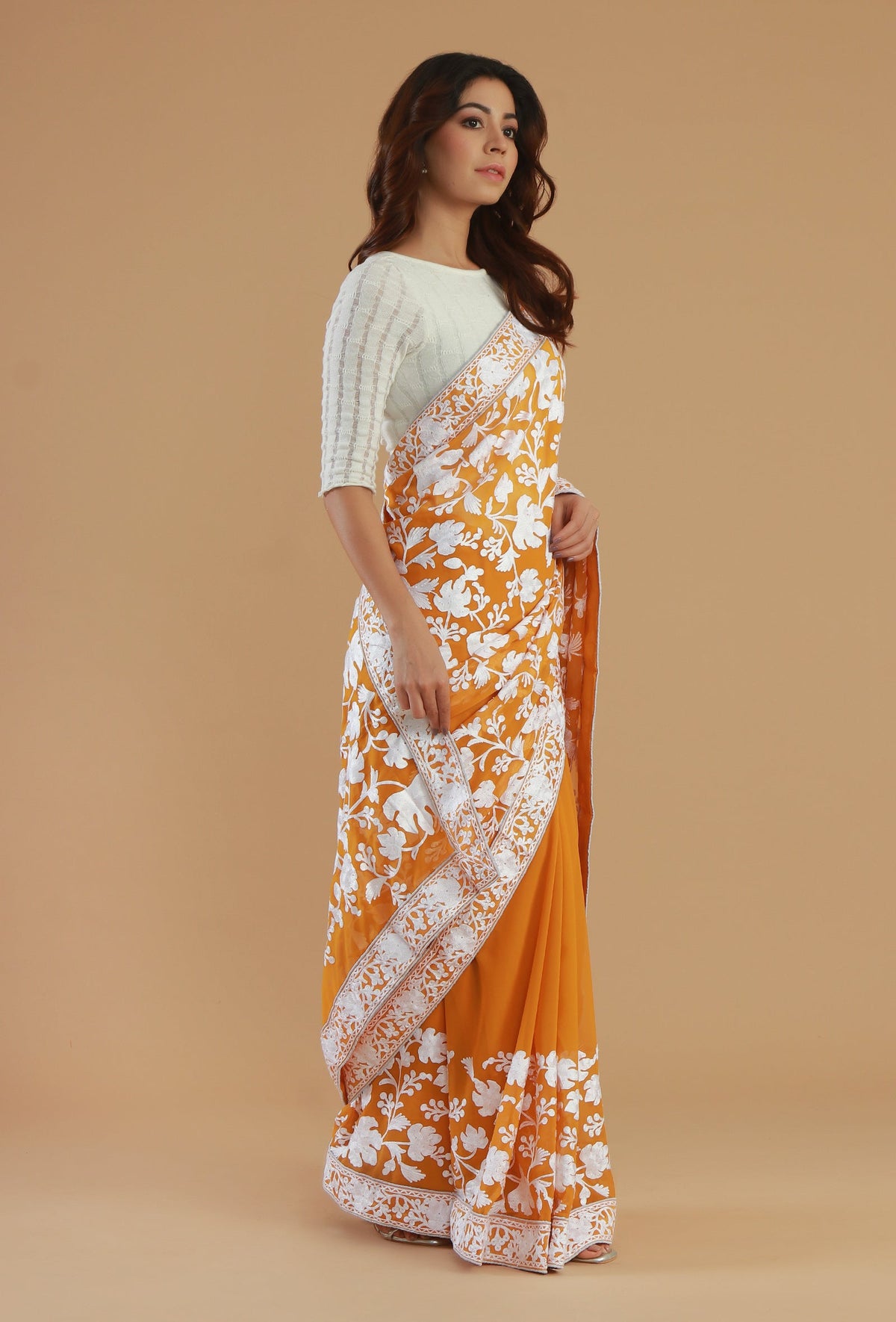 Mustard Yellow Georgette Ari Embroidered Festive Saree with Unstitched Blouse