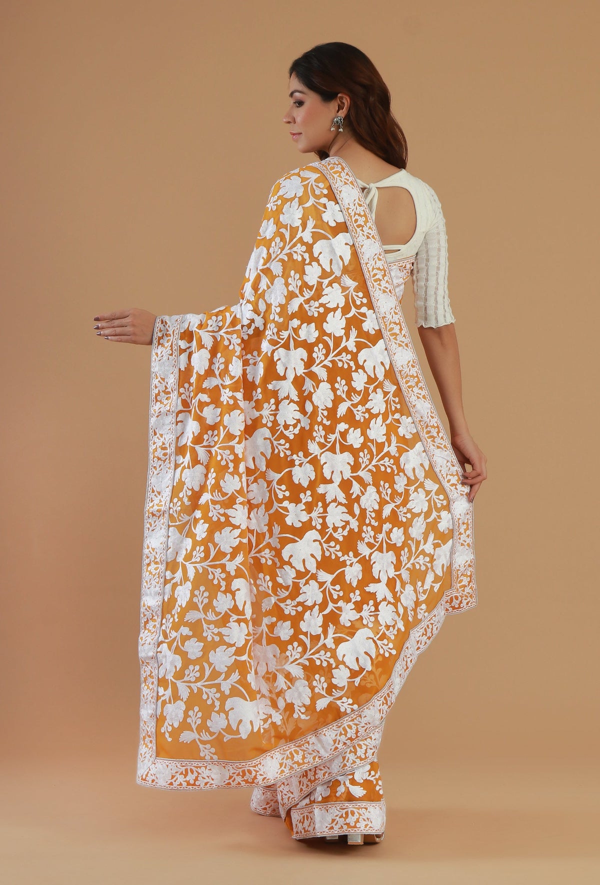Mustard Yellow Georgette Ari Embroidered Festive Saree with Unstitched Blouse