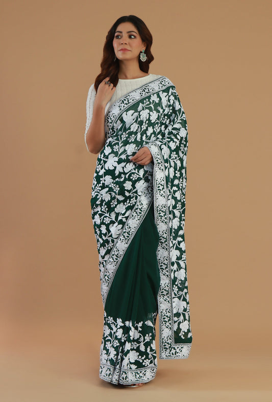 Embroidered Bottle Green Georgette Saree with Unstitched Blouse