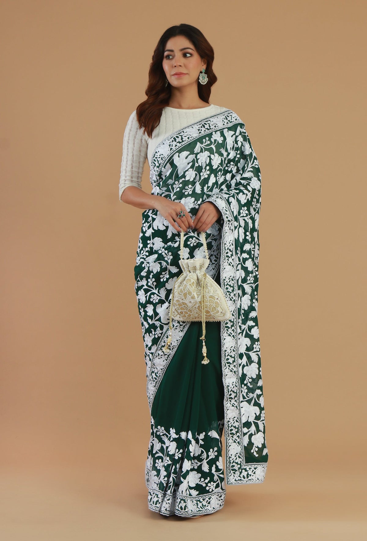 Embroidered Bottle Green Georgette Saree with Unstitched Blouse