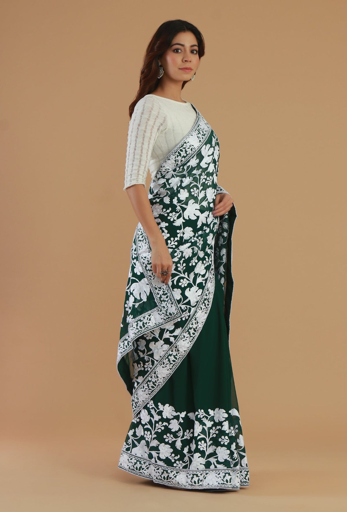Embroidered Bottle Green Georgette Saree with Unstitched Blouse