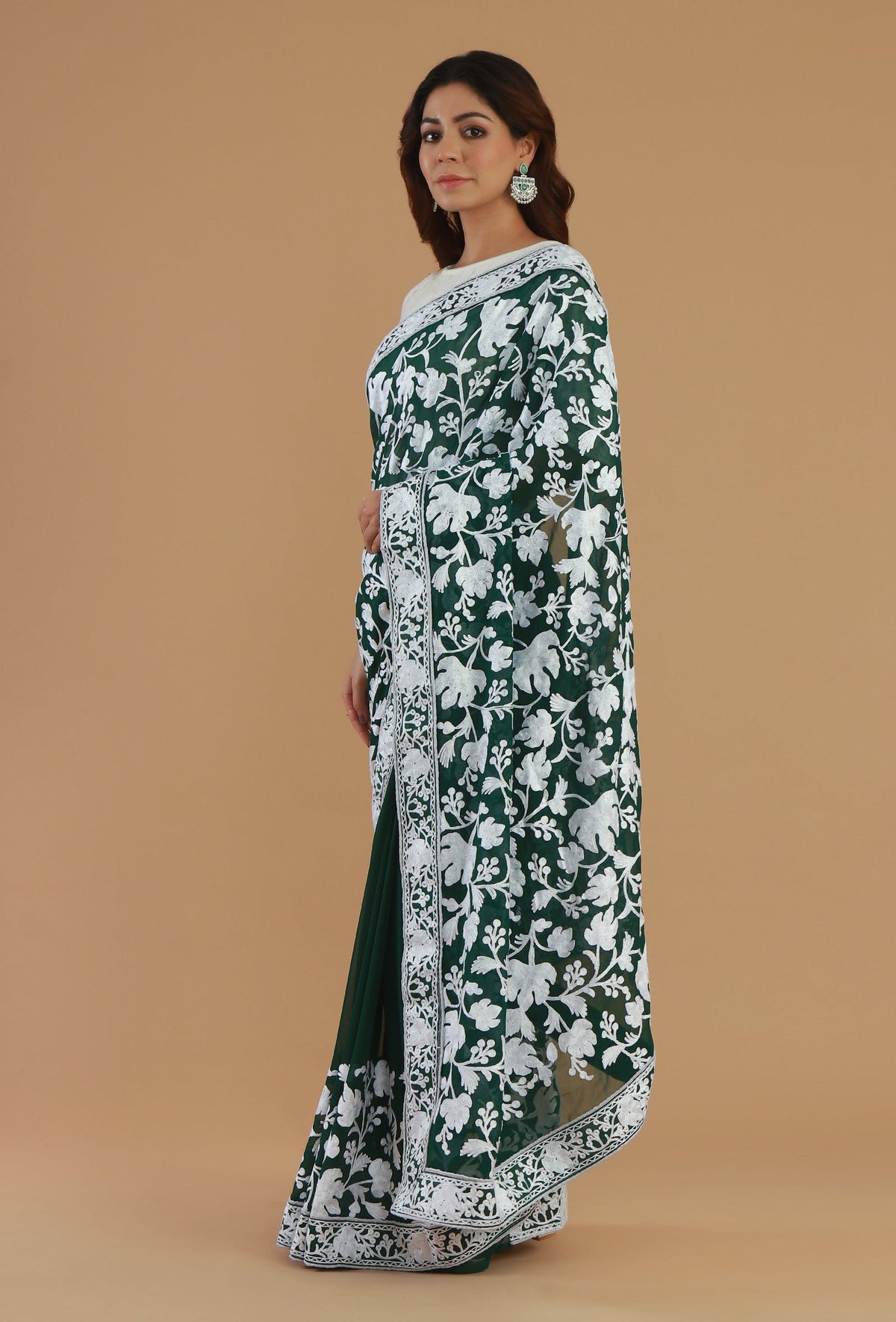 Embroidered Bottle Green Georgette Saree with Unstitched Blouse