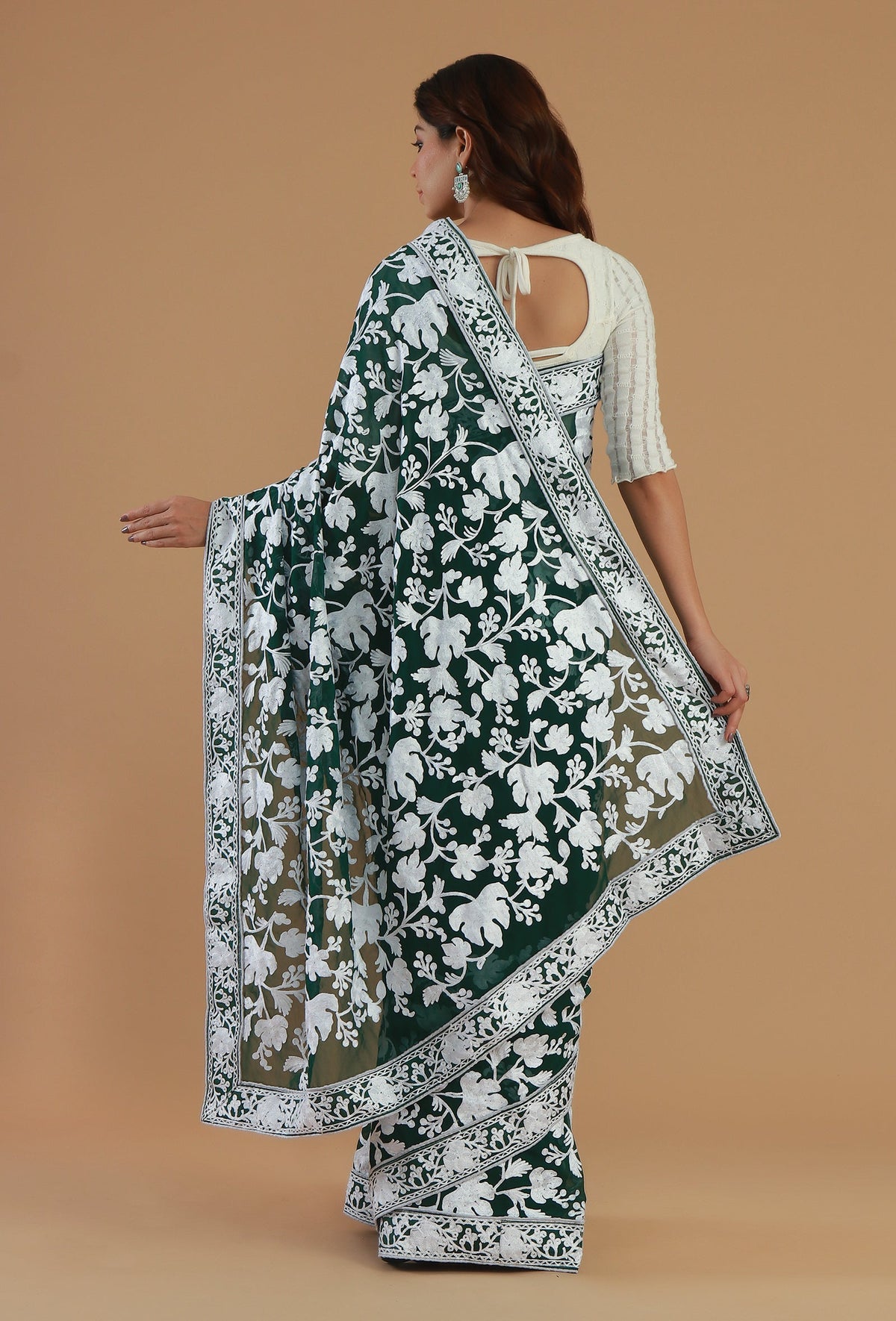 Embroidered Bottle Green Georgette Saree with Unstitched Blouse