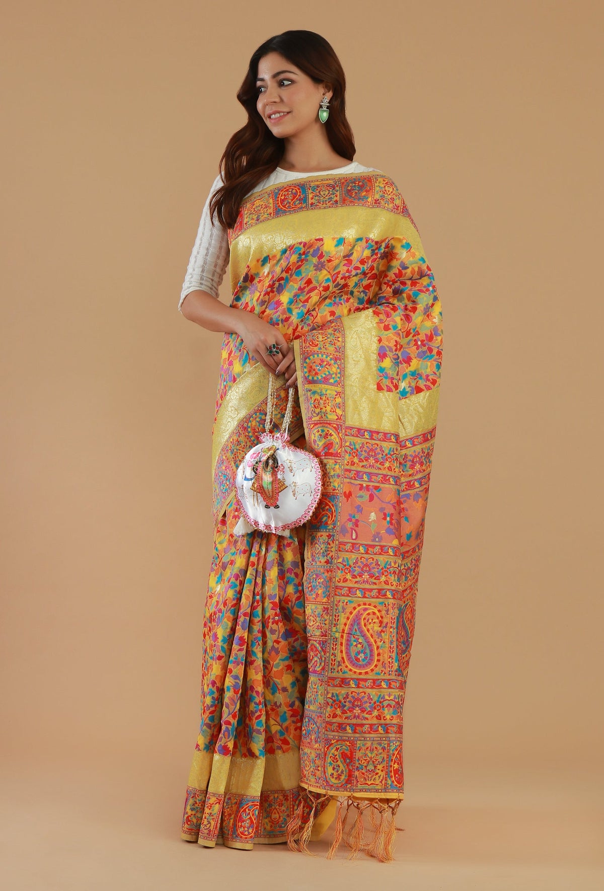 Kani Weave Silk Wool Saree with Golden Border & Unstitched Blouse