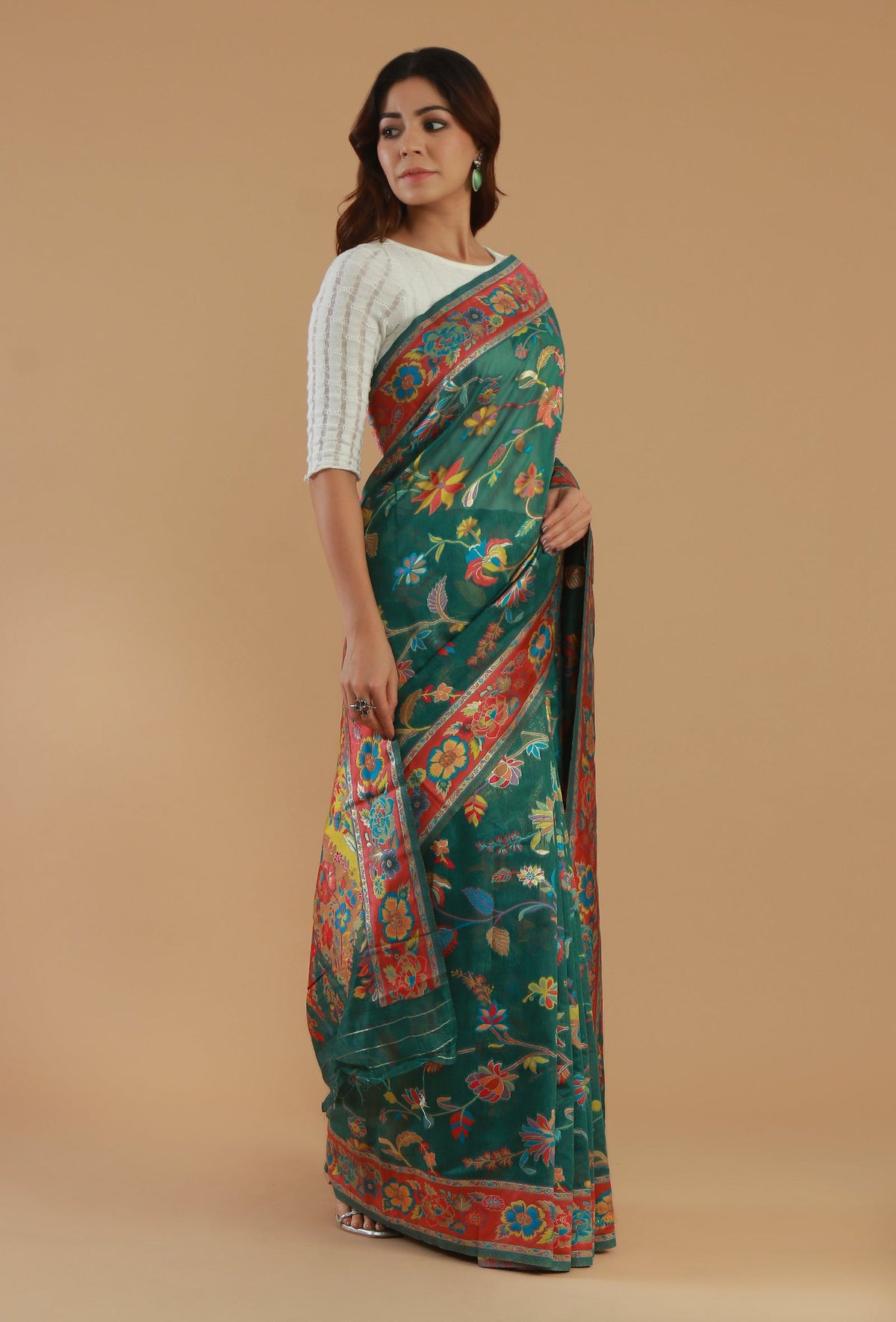 Floral Kani Weave Silk Wool Saree with Unstitched Blouse