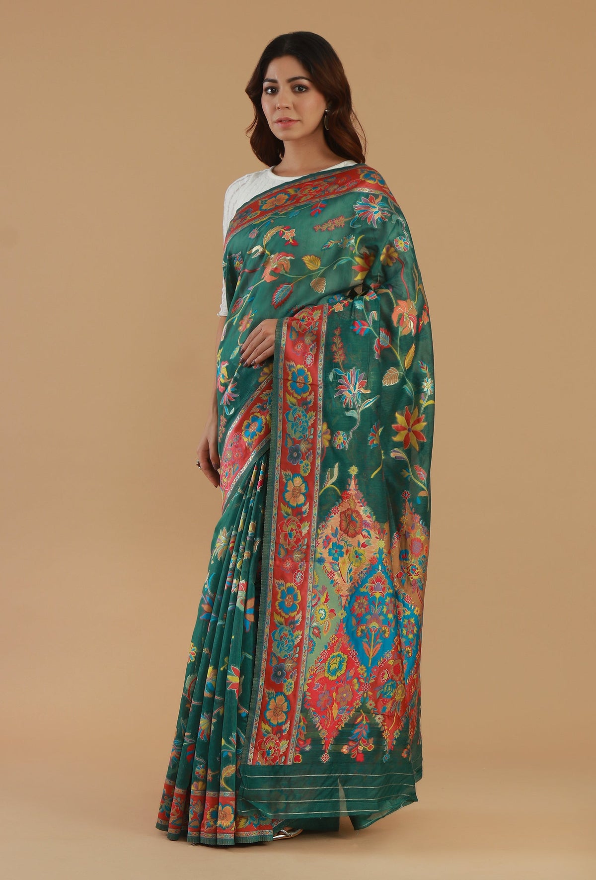 Floral Kani Weave Silk Wool Saree with Unstitched Blouse