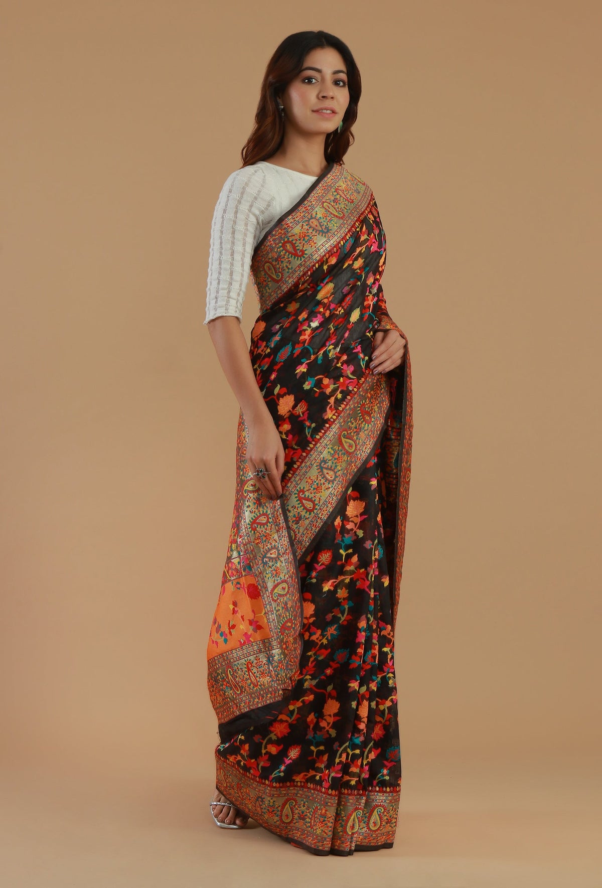 Kashmiri Inspired Floral Printed Silk Wool Saree with Unstitched Blouse