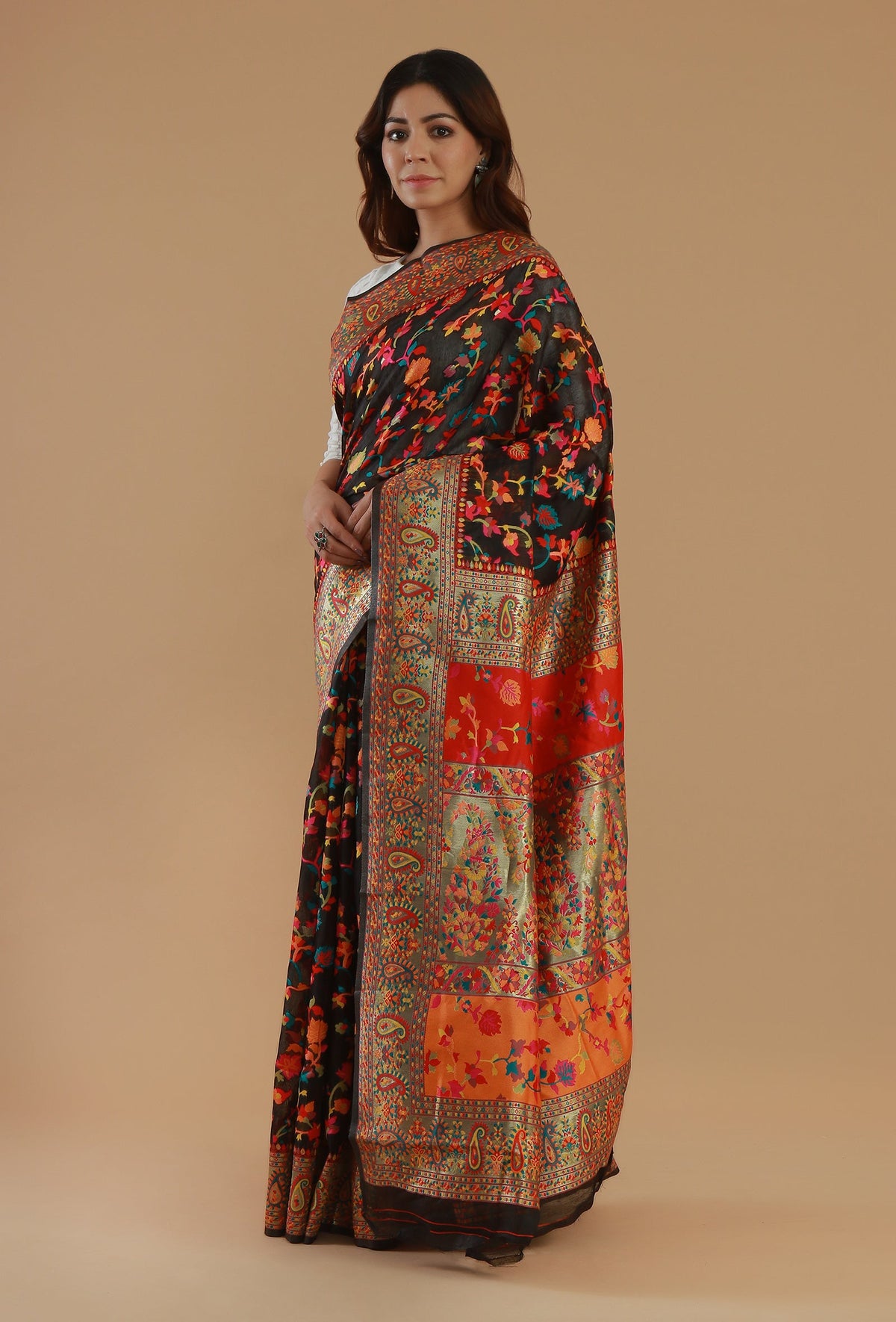 Kashmiri Inspired Floral Printed Silk Wool Saree with Unstitched Blouse
