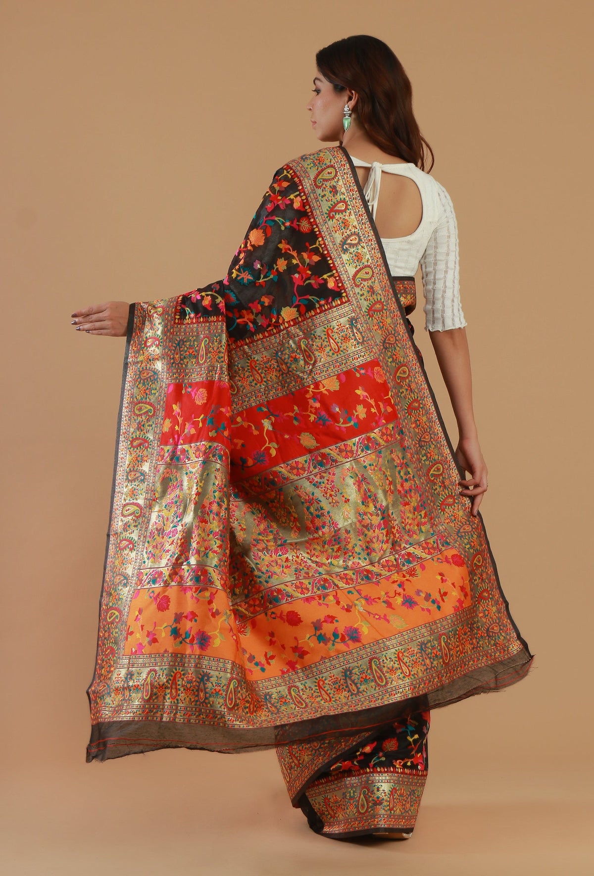 Kashmiri Inspired Floral Printed Silk Wool Saree with Unstitched Blouse