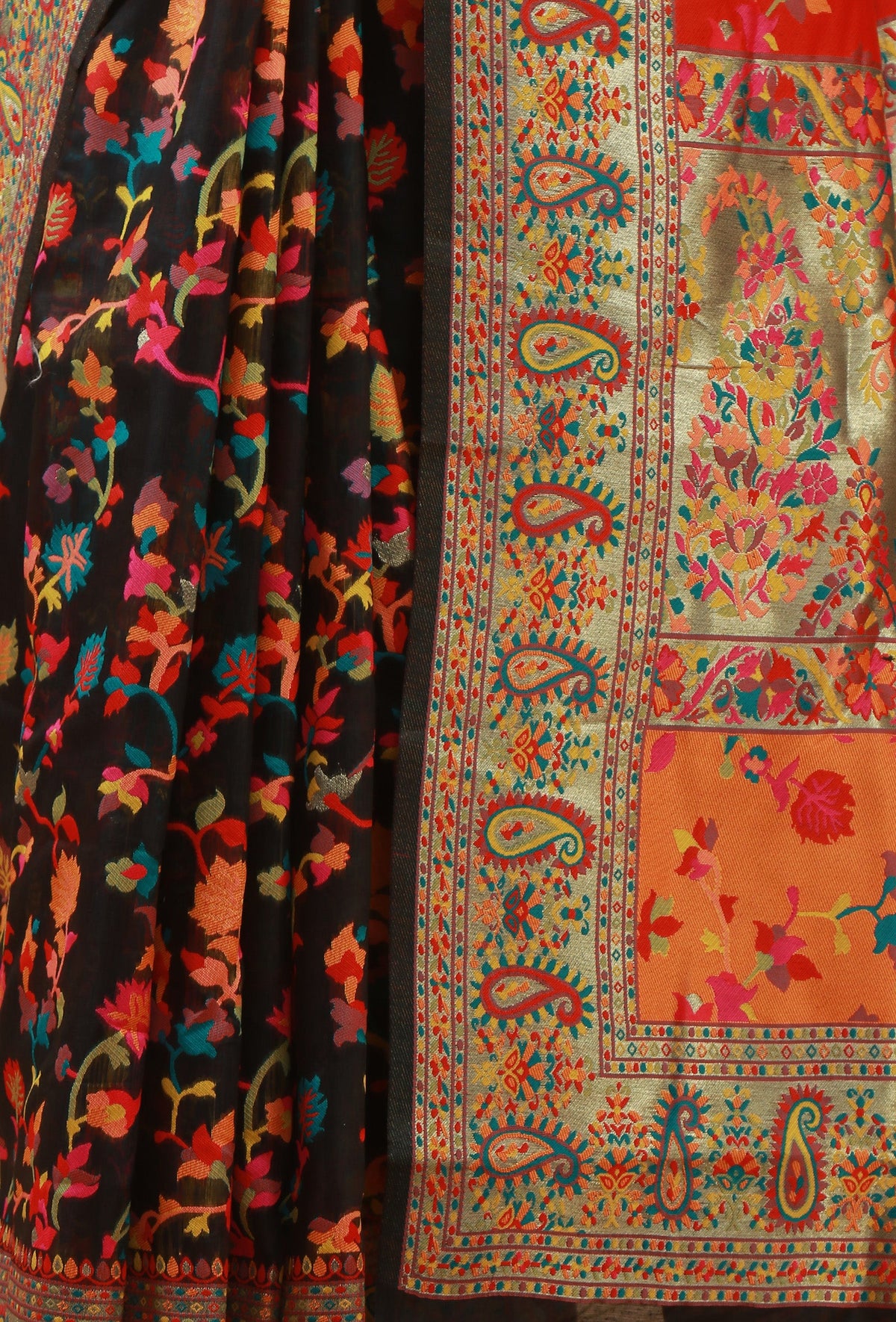 Kashmiri Inspired Floral Printed Silk Wool Saree with Unstitched Blouse