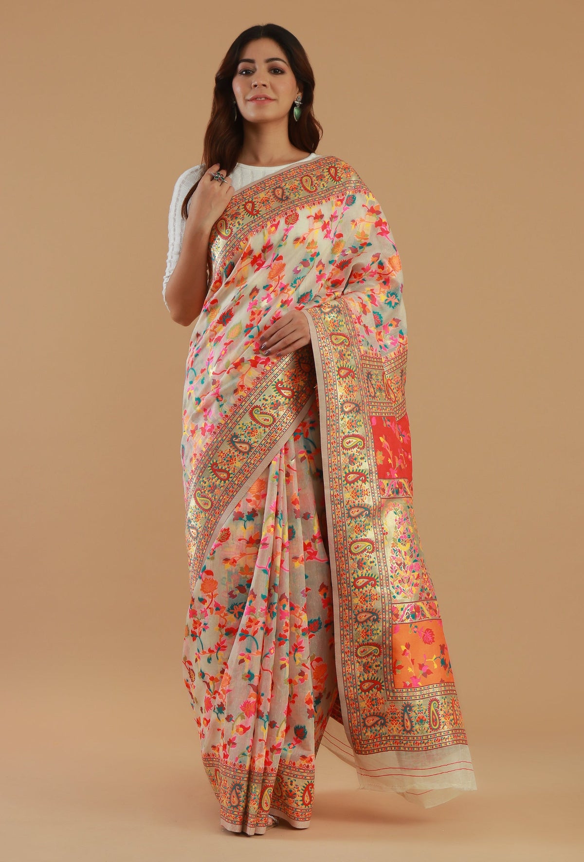 Ivory Heritage Floral Silk Wool Saree with Unstitched Blouse