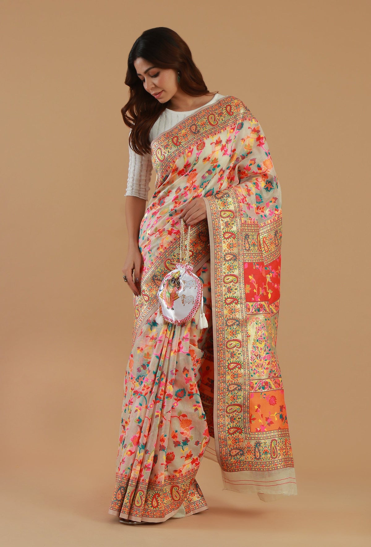 Ivory Heritage Floral Silk Wool Saree with Unstitched Blouse