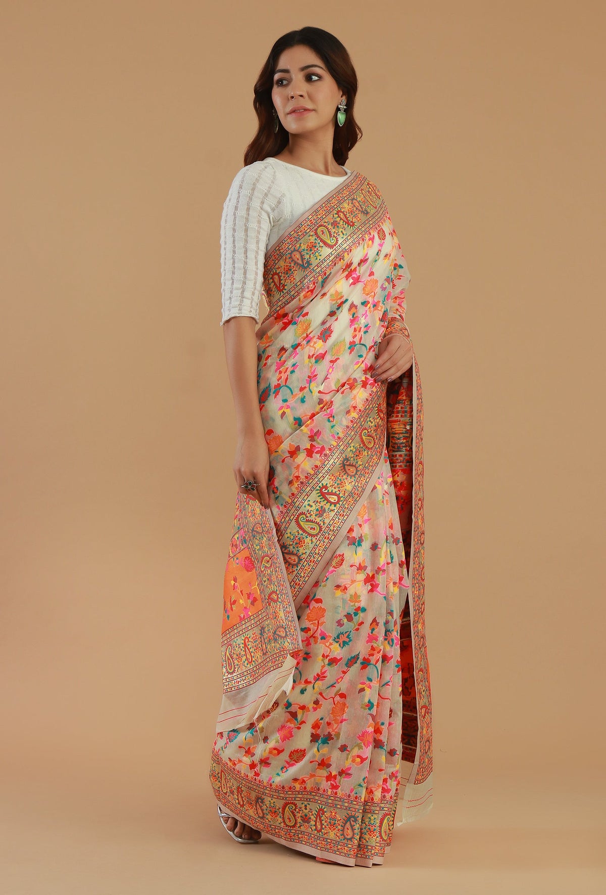 Ivory Heritage Floral Silk Wool Saree with Unstitched Blouse