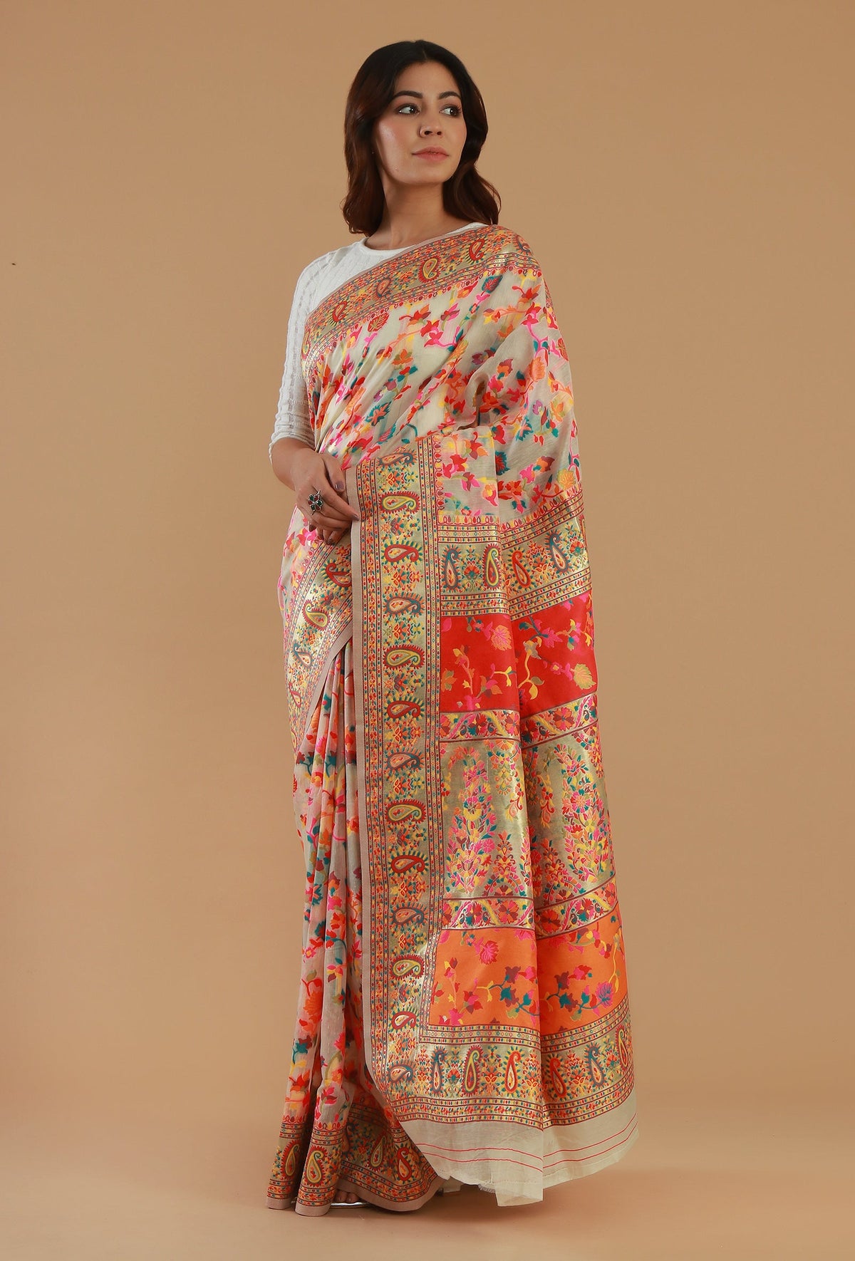 Ivory Heritage Floral Silk Wool Saree with Unstitched Blouse