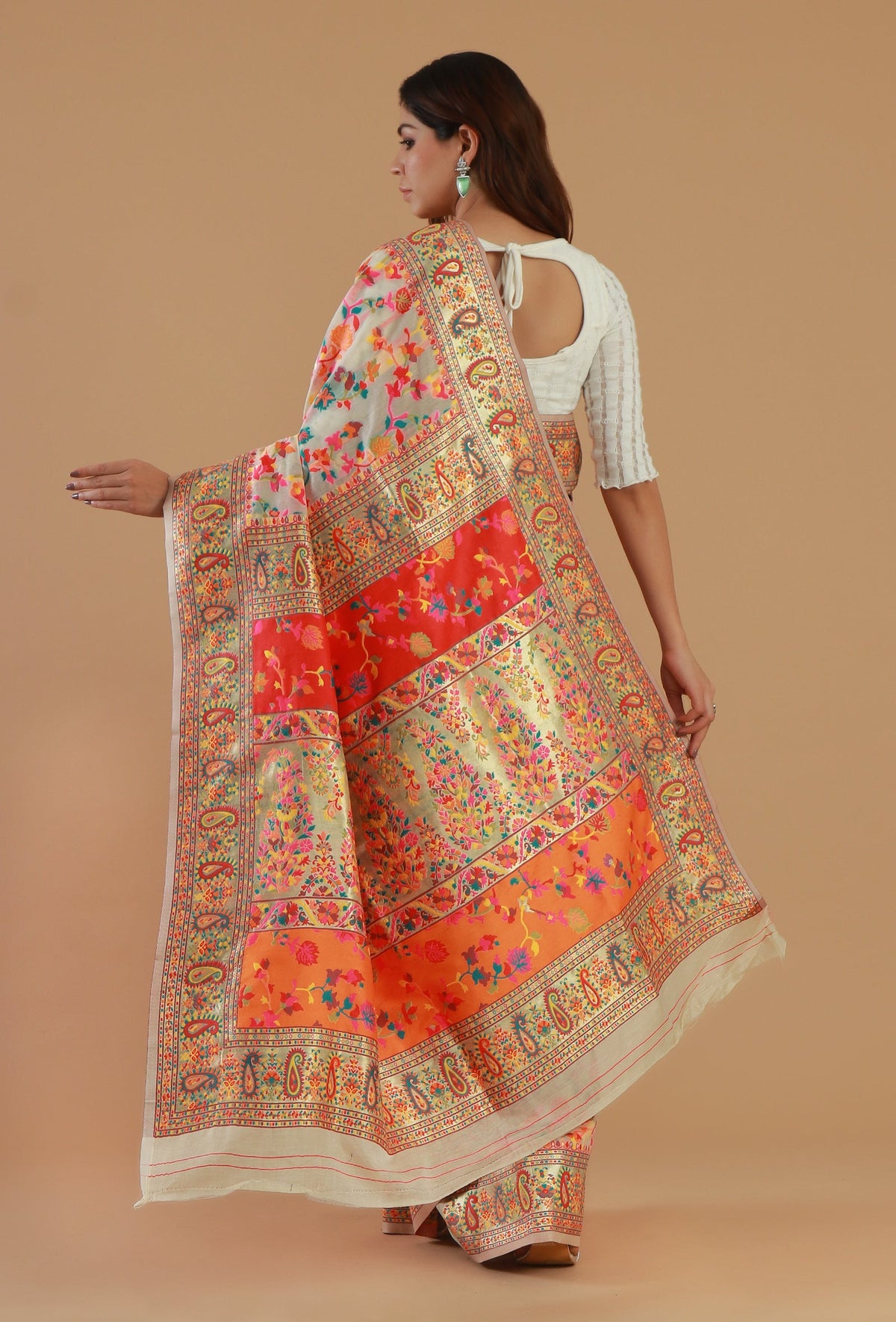 Ivory Heritage Floral Silk Wool Saree with Unstitched Blouse