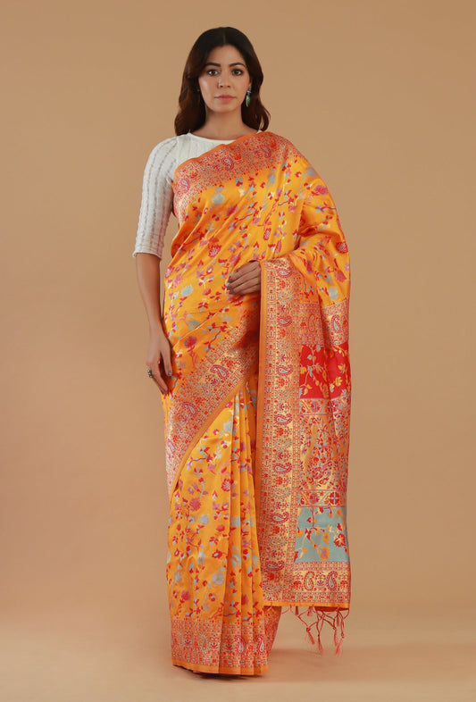 Sunshine Yellow Heritage Floral Silk Wool Saree with Unstitched Blouse