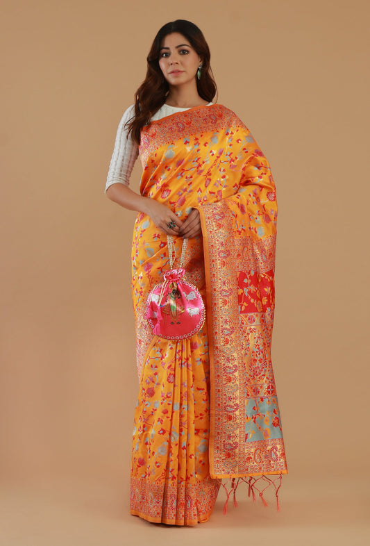 Sunshine Yellow Heritage Floral Silk Wool Saree with Unstitched Blouse