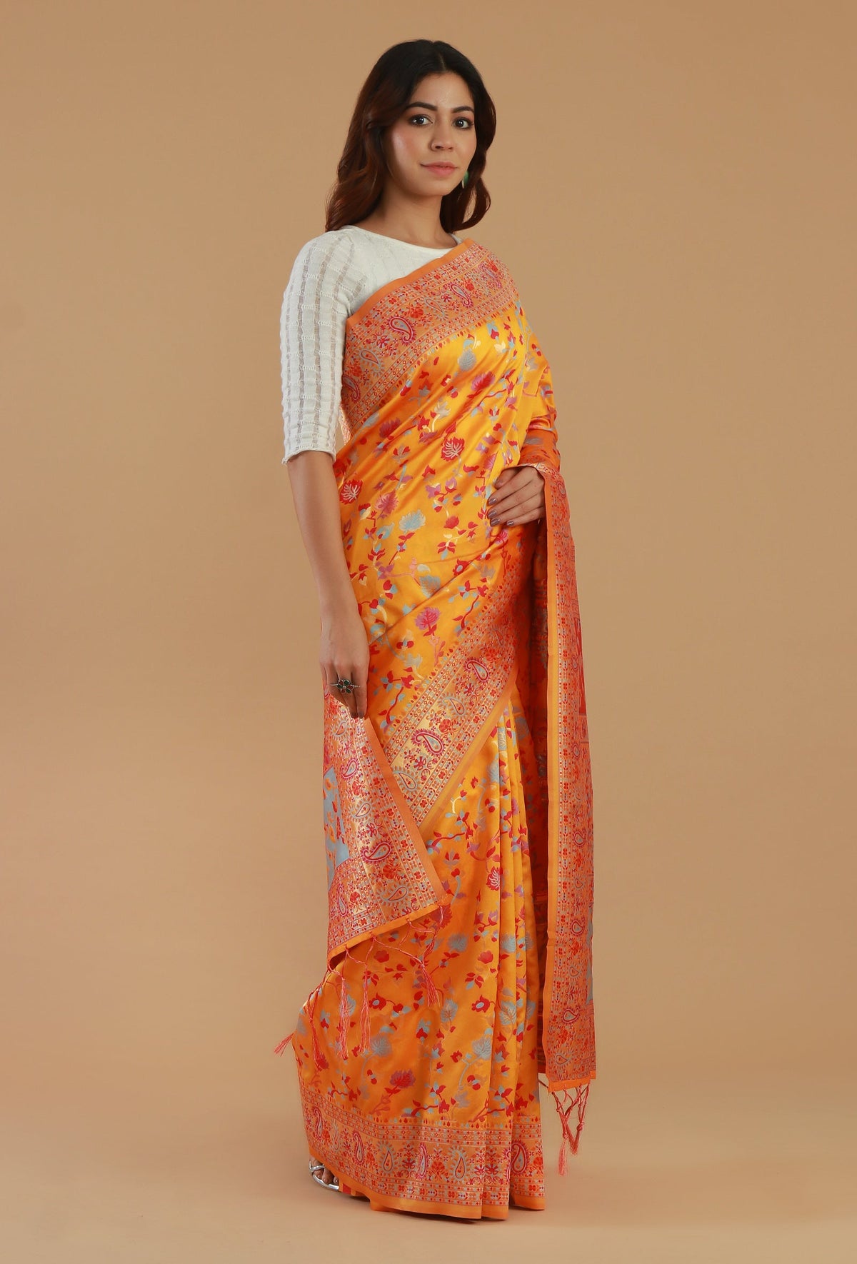 Sunshine Yellow Heritage Floral Silk Wool Saree with Unstitched Blouse