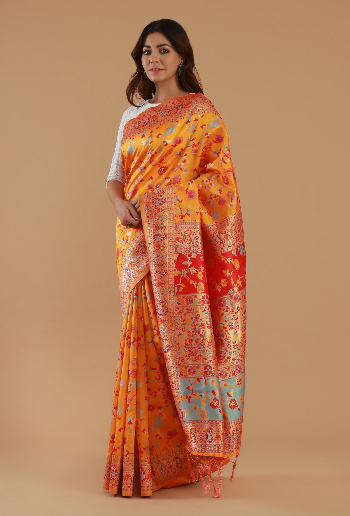 Sunshine Yellow Heritage Floral Silk Wool Saree with Unstitched Blouse