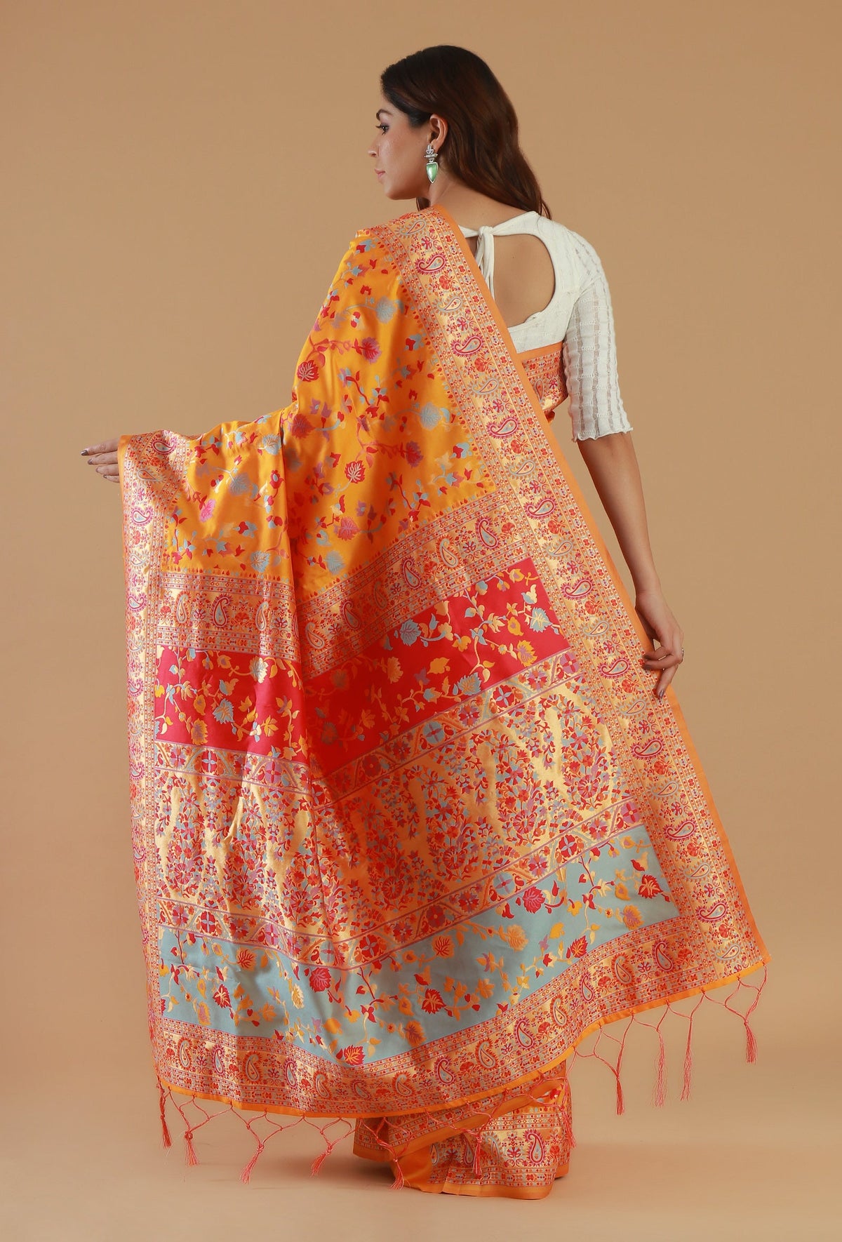 Sunshine Yellow Heritage Floral Silk Wool Saree with Unstitched Blouse