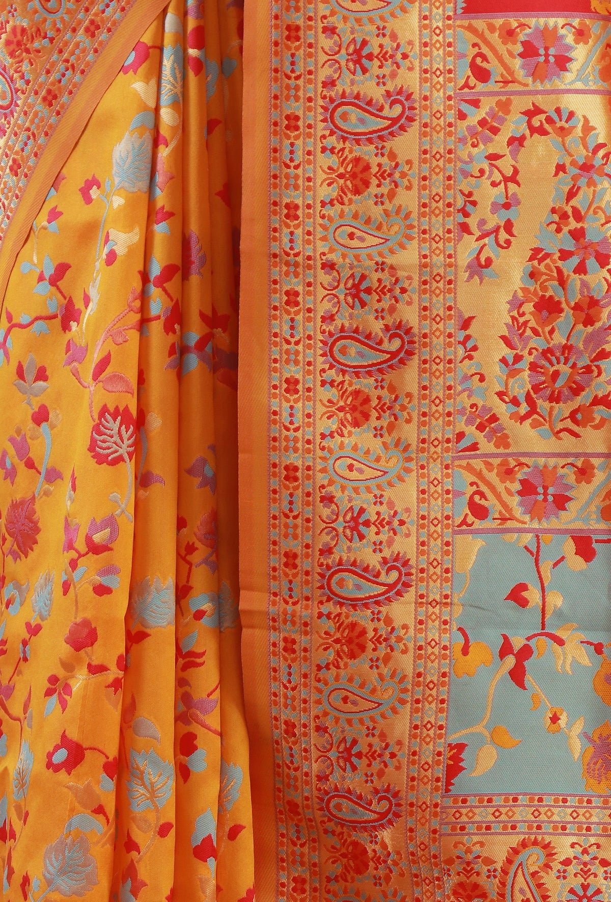 Sunshine Yellow Heritage Floral Silk Wool Saree with Unstitched Blouse