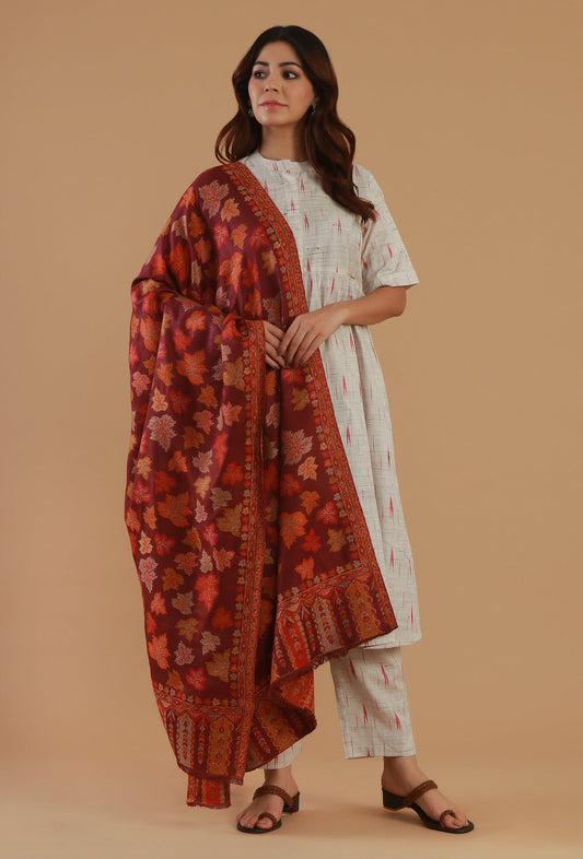 Maroon Chinar Leaf Kashmiri Kani Woollen Shawl