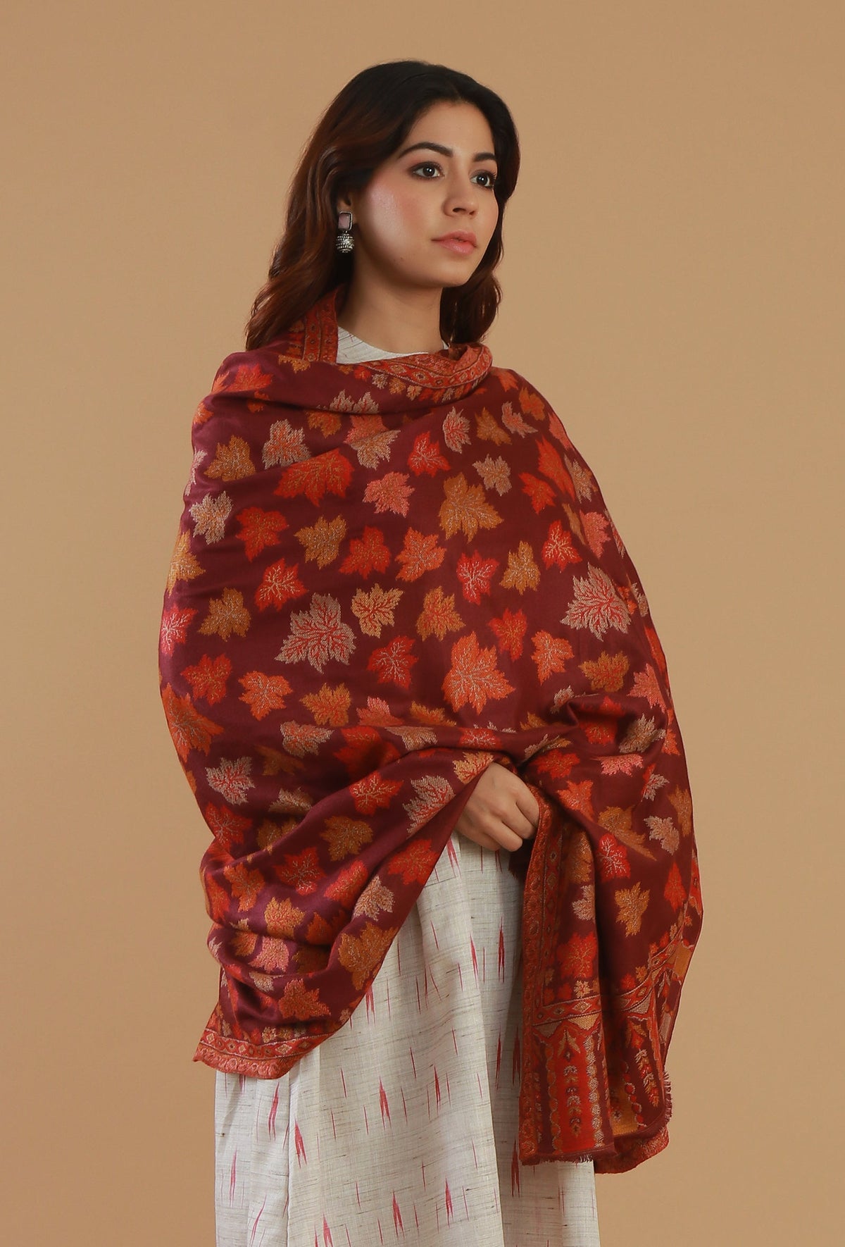 Maroon Chinar Leaf Kashmiri Kani Woollen Shawl
