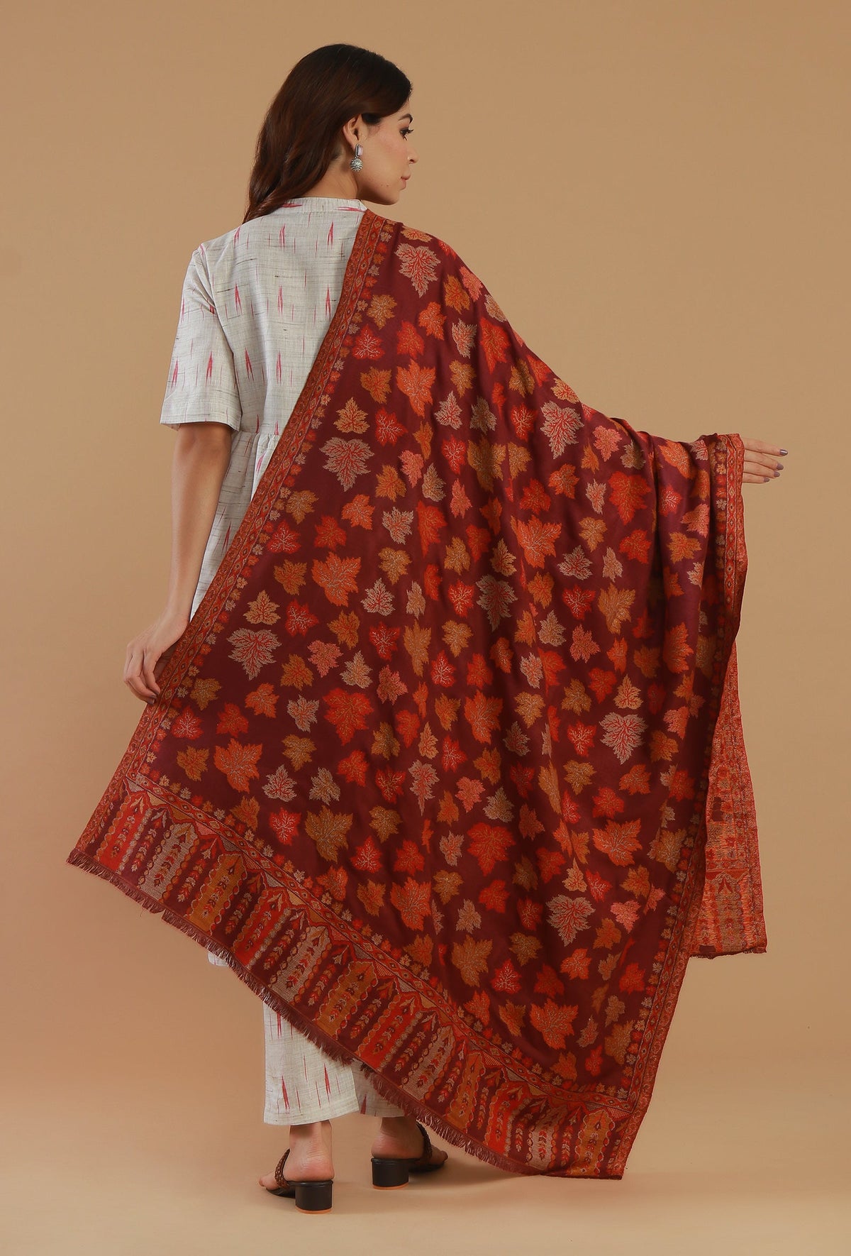 Maroon Chinar Leaf Kashmiri Kani Woollen Shawl