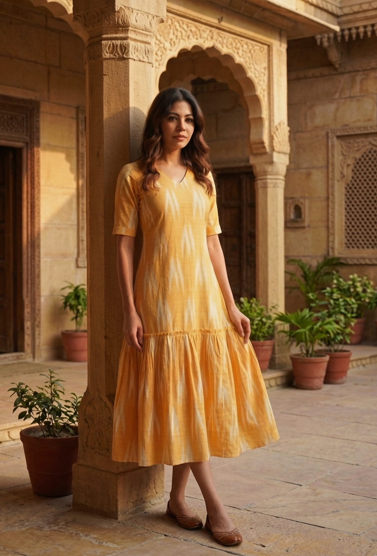 Mustard Ikat Cotton V-Neck Tiered Midi Dress サイズ XS