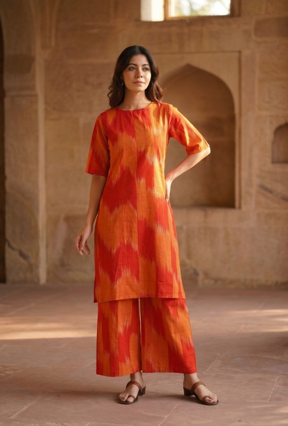 Set of 2: Orange Ikat Cotton Straight Kurta with Wide-Leg Pant クルタ XL・パンツ XXL