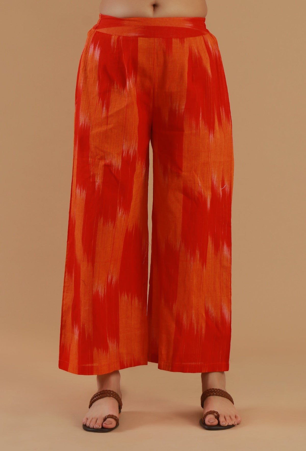 Set of 2: Orange Ikat Cotton Straight Kurta with Wide-Leg Pant クルタ XS・パンツ XS